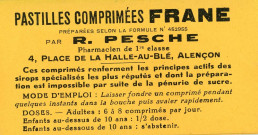 Etiquettes mode d'emploi pour les pastilles comprimées Frane préparées selon la formule n°452955 par Raoul Pesche (1900-1950).