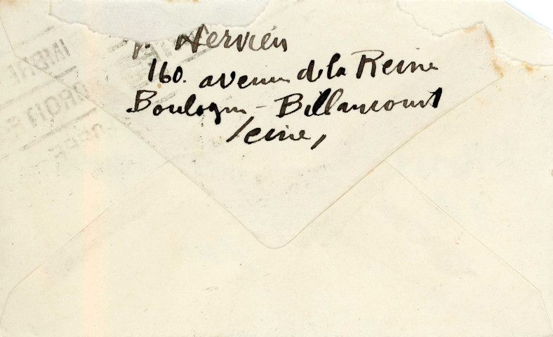 Voeux 1927 : carte de visite autographe signée de Louise Hervieu envoyée au comte René Philipon, enveloppe.