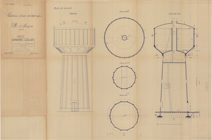 Construction d'un château d'eau de 300m3, ensemble : élévation, coupes coupes, plans(Larbanet, éch : 1/200, plan n°20, 28 mai).