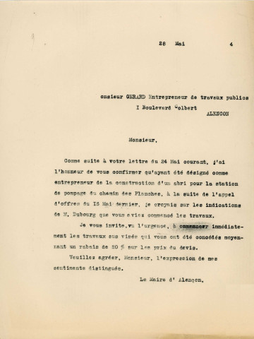 Adduction complémentaire d'eau potable pour la ville d'Alençon, extension du réseau de distribution, réalisation d'un abri pour la station de pompage et du poste transformateur chemin des Planches (Gaston Gérard), exécution (24 mai - 18 juin 1934) : correspondance.