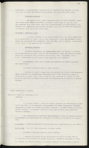 Ecole maternelle du Champ du Roi, poste de transformation en M.T. et B.T., convention avec la ville. Centre Hospitalier, vente de 4 fermes la Pitrie à Chevain, le Mesnil Fleury et le Haut-Mesnil à Semallé, la Huverie à Livaie et d'une terre de la dotation.