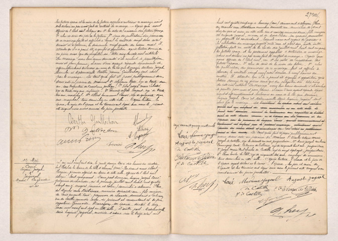 Acte de mariage de SIMULA Antoine Joseph et GUILLOCHON Berthe Jeanne (10 mai 1910), Acte de mariage de COUÉ Eugène Joseph et JAGOREL Marie Eugénie (12 mai 1910).