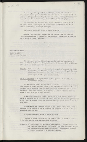 Locations de salles, salle du Conseil Municipal, révision du tarif. Location de salles, halle au blé, révision des tarifs.
