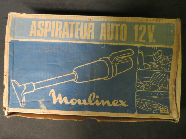 Aspirpolvere pour auto 12v type 172-8-02 avec carton, orange et beige (plastique, métal, coton), câble 4.50m avec prise allume cigare, Alençon Moulinex, 6 pièces, don de l'association Moulinex Jean Mantelet.