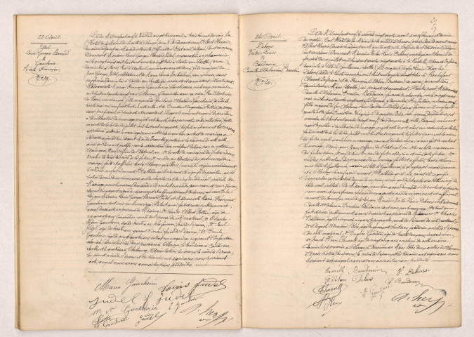 Acte de mariage de JUDEL Louis Georges Bernard et GAUCHEMIN Marie Françoise (23 avril 1909), Acte de mariage de DEBONS Victor Louis et BAUDOUIN Camille Alphonsine Ernestine (24 avril 1909).