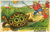 Alençon (Orne), "Arrêtez-là ! Arrêtez-la !...et vous verrez Alençon", carte postale humoristique à système couleur n°117, Artaud père et fils, éditeur, Nantes, éditions Gaby,sd, (14x9), AMA.