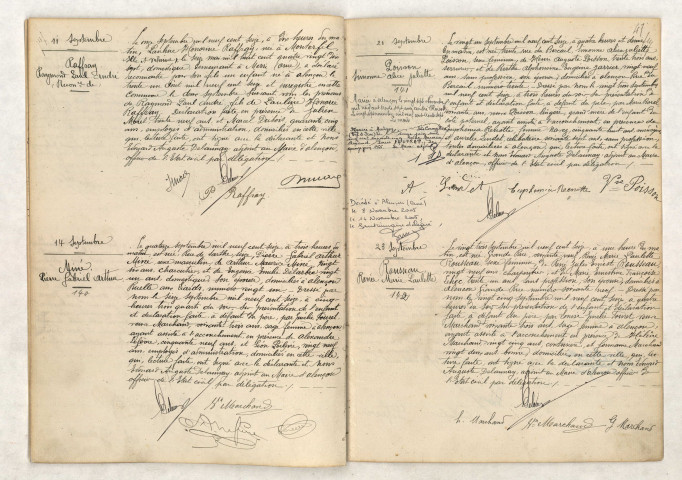 Acte de Reconnaissance de RAFFRAY Raymond Paul André (11 septembre 1916), Acte de naissance de MINÉ Pierre Gabriel Arthur (14 septembre 1916), Acte de naissance de POISSON Simone Alice Juliette (21 septembre 1916), Acte de naissance de ROUSSEAU Renée Marie Paulette (23 septembre 1916).