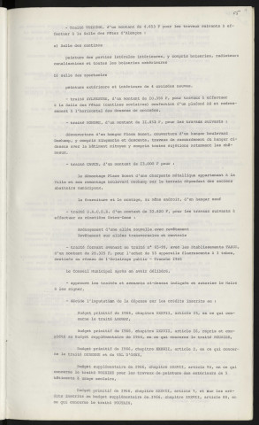 Traités de gré à gré VOISINE travaux pour la salle des fêtes, SYLVESTRE travaux pour la salle des fêtes, HONORE travaux pour un hangar place Bonet et boulevard Duchamp, CAUCE travaux pour charpente métallique place BONET, S.A.C.E.R. travaux pour le cimetière Notre-Dame, établissements TABUR.