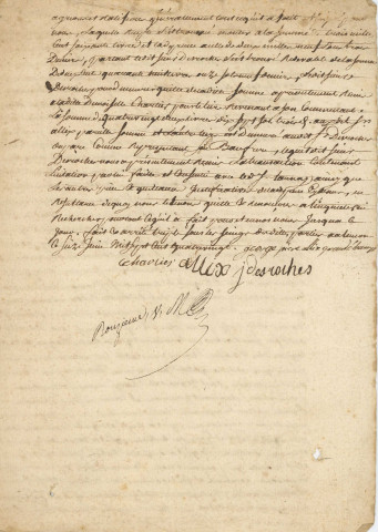 Acte de reconnaissance de Nicolas Allix Grandchamp, Claude Joseph Allix George Pierre Allix, pierre Jacques Allix, Mathieu René Allix, André Vincent Allix et Louis jacques Eustache Allix pour la remise remise de titres par Jean Desroches Duparc dans le cadre de la succession de Jacques Rocher (16 juin 1780).