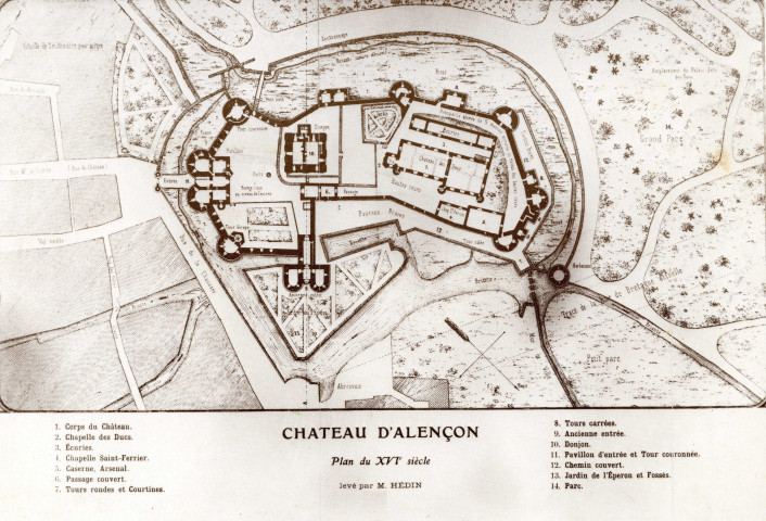Château d'Alençon, plan du XVIe siècle, levé par M. Hédin, lithographie, AMA.