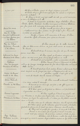 Dénomination des Rues concernant Eugène LECOINTRE, Charles LHERMINIER, Albert LEMAITRE : Demande de M. LEBOUC. Service des eaux, Rue de Sarthe, établissement d'une borne fontaine : Demande de M. LEBOUC. Place du Palais et Rue du Jeudi, réfection dalle : Demande de M. LEBOUC. Enlèvement des ordures ménagère Rue du Jeudi : Observation de M. LEBOUC. Mise à l'alignement des trottoirs, Rue des Granges : Demande de M. LEBOUC. Mauvais état de la rivière "La Briante", demande de M. LEBOUC. Service médical le Dimanche, Demande de M. LEBOUC. Concours d'apprentis platiers à l'écart du concours, observation de M. LEBOUC. Legs Noblesse, attribution en 1914, rapport
