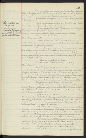Distribution d'eau, concession du centre militaire, droit d'enregistrement, rapport. Villes dévastées par la guerre, demande d'adoption comme filleule présentée par la ville de la Bassée