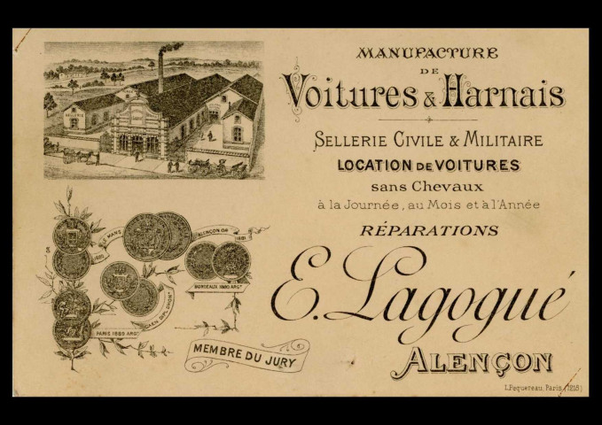 Manufacture de voitures et Harnais E. Lagogué : correspondance, facture, carte de visite.