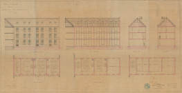 Lycée, construction d'un escalier dans le bâtiment neuf, élévation principale, plan rez-de-chaussée, coupe longitudinale, 1er étage, 2e étage, coupe sur AB, CD (architecte Lheureux Gustave) (éch : 0.01), (25 février 1882).