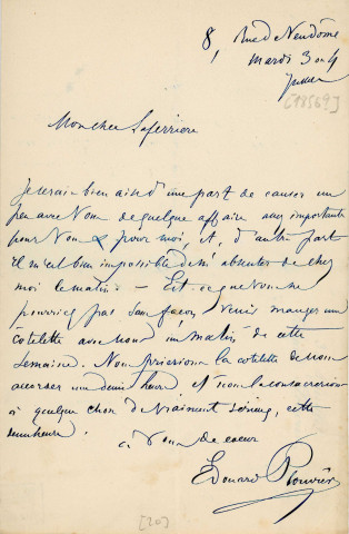 Lettre autographe signée de l'écrivain Edouard Plouvier à l'acteur Adolphe Laferrière (1856).