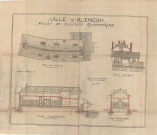 Projet de douches municipales, plan de toitures, coupe longitudinale, coupe transversale, façade côté rivière, (Mézen, éch.1/100, 23 mai 1914).