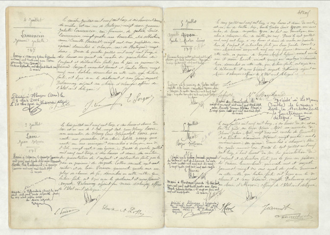 Acte de naissance de LAURENCIN Jeanne Juliette (4 juillet 1913),acte de naissance de LAVIE Jean Henri (3 juillet 1913),acte de naissance de AGUILLE Emile Gaston Louis (5 juillet 1913),acte de naissance de MEOT Roger Henri (5 juillet 1913).