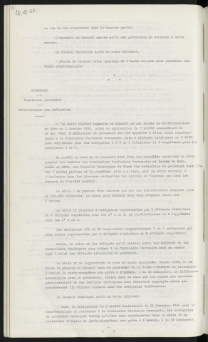 Voirie, résidence du Parc, boulevard Duchamp, demande de remise à la ville V.R.D. par la propriété familiale de l'Orne. Personnel, commission paritaire, détermination des catégories.