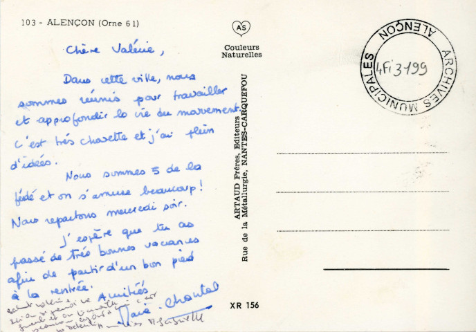 Alençon (Orne), la piscine, le monument aux morts, la roseraie, l'église Notre-Dame, l'Hôtel de Ville, carte postale multivues semi-moderne n°103, Artaud frères, éditeur, Nantes-Carquefou, sd, (15x10,5), AMA.