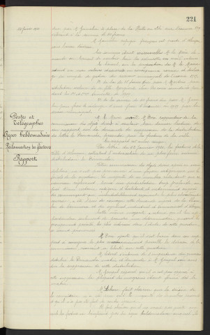 Cotes irrécouvrables, admission en non valeurs . Postes et télégraphes, repos hebdomadaire, réclamation des facteurs, rapport