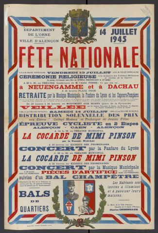 Fête nationale 14 juillet 1945 : affiche Imprimerie alençonnaise (80 x 120).