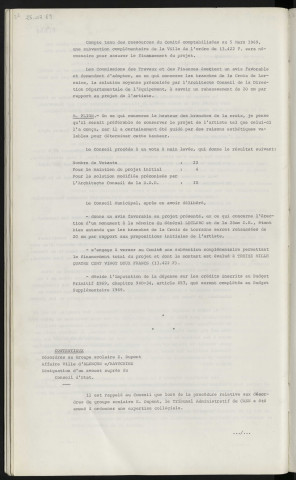 Projet de monument à la mémoire des libérateurs d'Alençon le Maréchal LECLERC et la deuxième division blindée, avis du conseil, établissements MAILLARD. Contentieux, désordres au groupe scolaire Emile Dupont, affaire ville d'Alençon Mr RAYTCHINE, désignation d'un avocat auprès du conseil d'état, opposition des taxes par Mr BESNARD-BERNADAC, l'entreprise GUEBLE et les établissements GERMAINS-MOREL, maitre LABBE avocat.