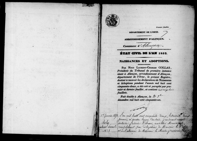 Registre des actes de naissance et adoption (1852).