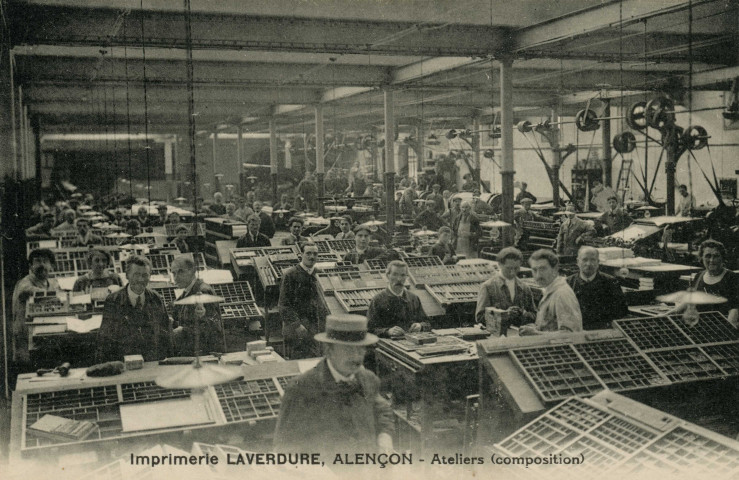 Alençon (Orne), Imprimerie Laverdure , Alençon, ateliers (composition), carte postale ancienne noir et blanc, imp Catala Frères Paris, sd, (14x9), AMA.