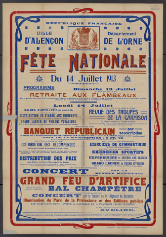Fête nationale 14 juillet 1913 : affiche Imprimerie G. Supôt, (96 x 130).