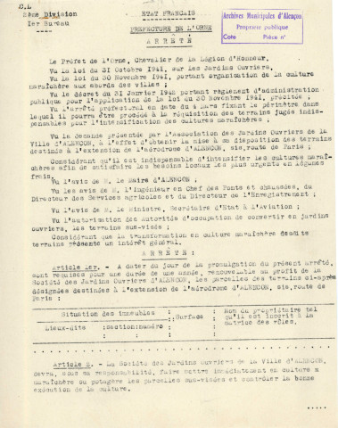 Jardins ouvriers, réquisition et exploitation agricole des parcelles de l'aérodrome (1941-1943) : correspondance, arrêtés, plans, procès-verbal, rapport.