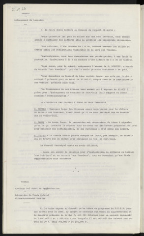 Sports, aménagement du terrain aux Pommiers. Bouclage Sud-Ouest en agglomération, subvention du fond spécial d'investissement routier.