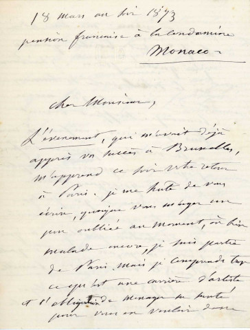 Lettre autographe signée de la femme de lettres Louise Colet au comédien Louis Fortuné Adolphe Laferrière (18 mars 1873).