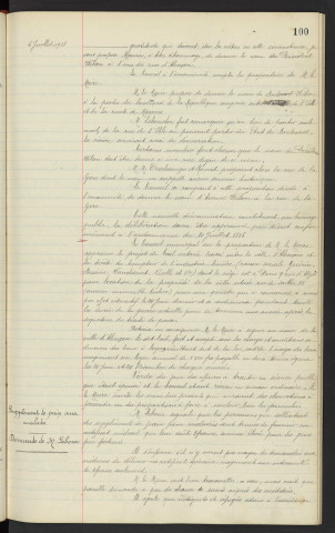 Dénomination des Rues, nom du président WILSON en gratitude dans une Rue de la gare, communication, avis du conseil. Location n°35 Rue de Sarthe ancien immeuble LECLERC, société du comptoir de l'industrie linière ( raison social GUERIN, BESSIERE, VANDESNET, Nicolle et compagnie) siège N°9 Rue d'Uzès Paris. Supplément de pain aux malades avec certificat, demande de Mr LEBOUC