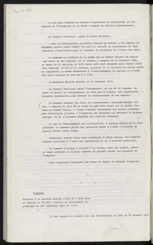 Finances, emprunt de 75 000 F 2ème tranche auprès du crédit foncier de France estimé à la construction de 2 logements à l'usine des eaux.