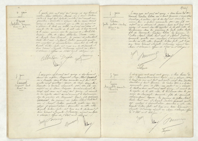 Reconnaissance de DREUX Mathilde Eugénie (4 juin 1915), reconnaissance de LAURENT Raymond Paul (5 juin 1915), reconnaissance de LEBON Emile Julien André (5 juin 1915), reconnaissance de LEPIN Marguerite Armande (5 juin 1915)