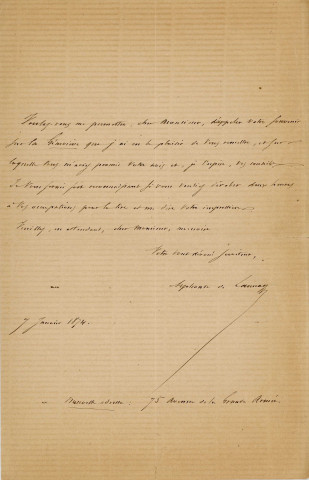 Lettre autographe signée de l'écrivain Alphonse de Launay à l'acteur Louis Delaferrière (7 janvier 1874).