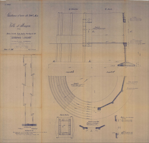 Construction d'un château d'eau de 300m3, détails, semelle, porte, fenêtre, montage de fût : élévation, coupes (Larbanet, éch : 1/200, plan n°28, 30 juillet 1936).