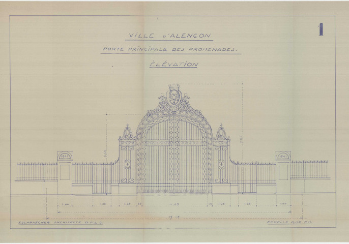 Les Promenades, porte principale, clôture, élévation, plan (arch : A. Eschbaercher, ech : 0.02, n°1, date : 1940).