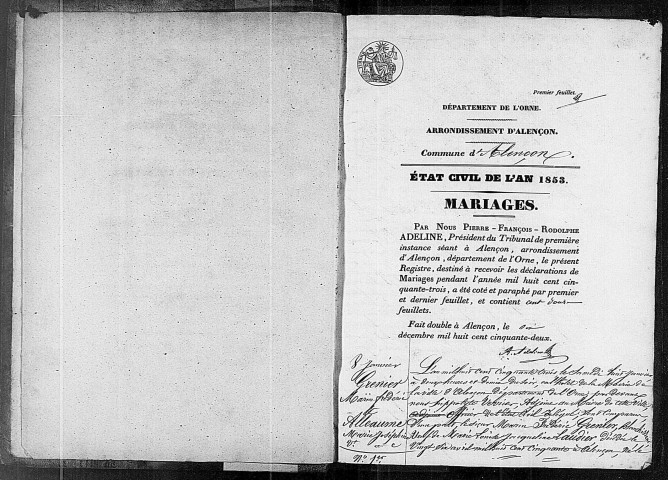 Registre des actes de mariage (1853).