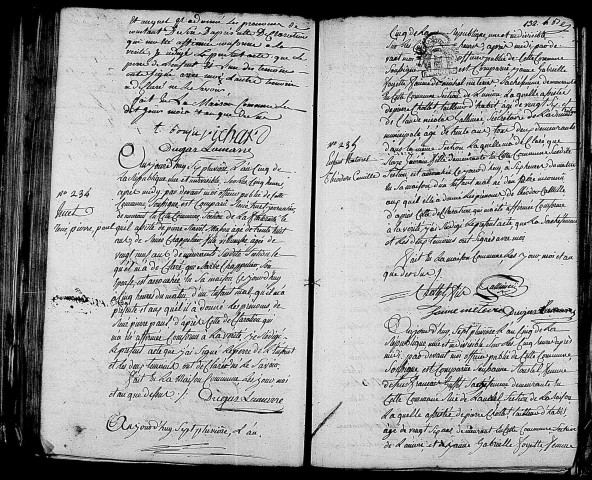 Acte de naissance de BOUJU Constant Désiré (23 janvier 1797),acte de naissance de HUET René Pierre Paul (25 janvier 1797),acte de naissance de GUERIN Théodore Camille enfant naturel (26 janvier 1797),acte de naissance de CHAULIN Paul Alexandre enfant naturel (26 janvier 1797).