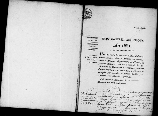 Registre des actes de naissance et adoption (1831).