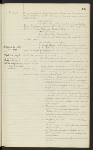 Sommaire sur les affaires à délibérer. Budget de la ville pour 1919, dépôt du projet, budget de 1918, vote de crédits supplémentaires