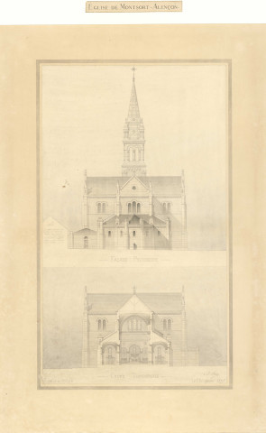 Église Saint Pierre de Montsort, façade postérieure, coupe transversale, plan, Hédin (éch: 1/100, 82 x 116 cm, 01/12/1875).