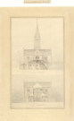 Église Saint Pierre de Montsort, façade postérieure, coupe transversale, plan, Hédin (éch: 1/100, 82 x 116 cm, 01/12/1875).