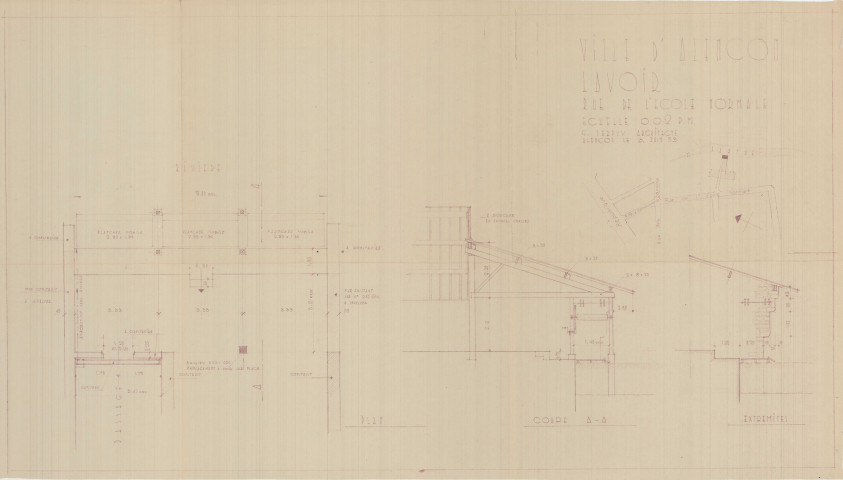 Lavoir impasse de l'Ecole Normale, plan, coupe, extrémités (Georges Serpuy, éch : 1/50, 3 juin 1953).