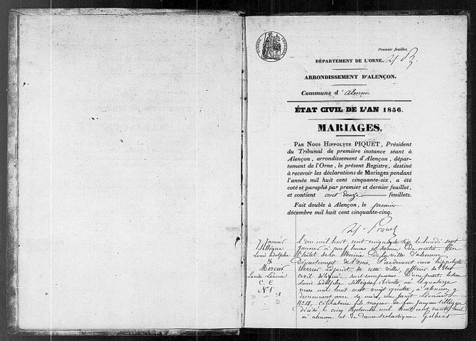 Registre des actes de mariage (1856).