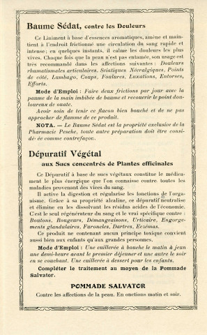 Dépliant publicitaire de la pharmacie Pesche (XXe siècle), extrait du tarif des produits recommandés, des spécialités, des préparations, des eaux minérales, éditeur Alençon imp. A. Herpin.