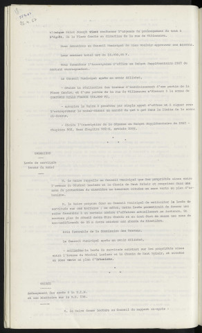 Assainissement, rue de Villeneuve, place Candie. Urbanisme, levée de servitude, route du Mans, propriété entres l'avenue du général Leclerc et le chemin de Haut-Éclair.