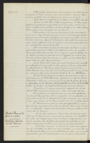 Distribution d'eau concessions, canalisation d'une partie de la Rue du Général Fromentin, maisons de M. Edam partant du n°45 et 47, bassin d'équilibre Boulevard de Strasbourg, difficultés d'eau Rue St Blaise, ingénieur en chef des ponts et chaussées M. PRED'HUMEAU, rapport. Droits de place sur les foires et marchés, résiliation définitive de bail VANNIER