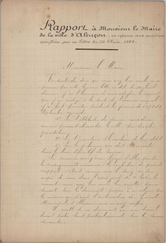 Projet de distribution en eau potable de la ville d'Alençon par la captation des eaux des sources de l'Orne (1884-1888) : rapports, état récapitulatif, analyse des eaux
